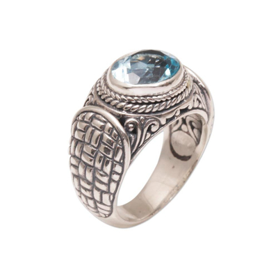 Blue topaz single stone ring, 'Woven Vine' - Blue Topaz Weave Motif Single Stone Ring from Bali