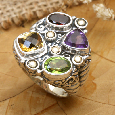 Gold accented multi-gemstone cocktail ring, 'Rainbow Palace' - Gold Accent Multi-Gemstone Cocktail Ring from Bali