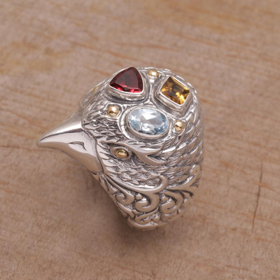 Gold accent multi-gemstone cocktail ring, 'Starling Charisma' - Gold Accent Multi-Gemstone Bird Cocktail Ring from Bali
