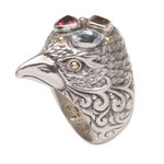 Gold accent multi-gemstone cocktail ring, 'Starling Charisma' - Gold Accent Multi-Gemstone Bird Cocktail Ring from Bali