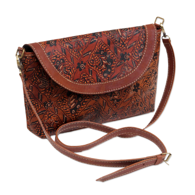 Batik Leather Sling Bag with Long Adjustable Strap - Floral Allure | NOVICA