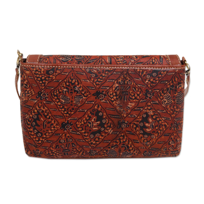 Batik Leather Sling Bag with Long Adjustable Strap - Floral Allure | NOVICA