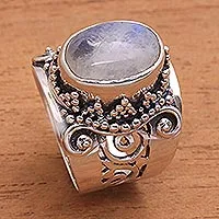 Anillo de cóctel de piedra lunar arcoíris, 'Glorious Vines' - Anillo de piedra única de piedra lunar arcoíris y plata de ley