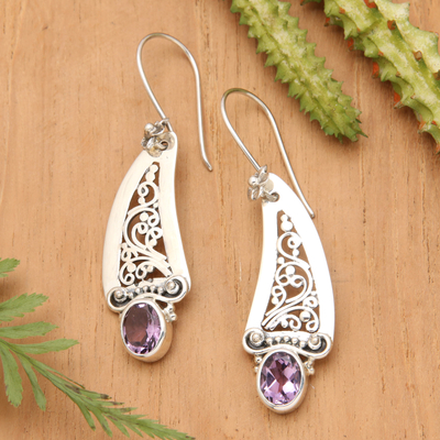 Amethyst dangle earrings, 'Beautiful Vines' - Amethyst and 925 Silver Vine Motif Dangle Earrings from Bali