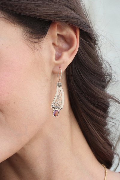 Amethyst dangle earrings, 'Beautiful Vines' - Amethyst and 925 Silver Vine Motif Dangle Earrings from Bali