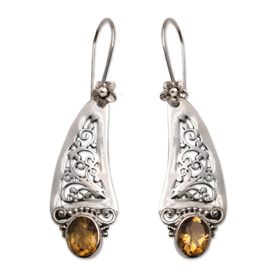 Citrine and 925 Silver Vine Motif Dangle Earrings from Bali