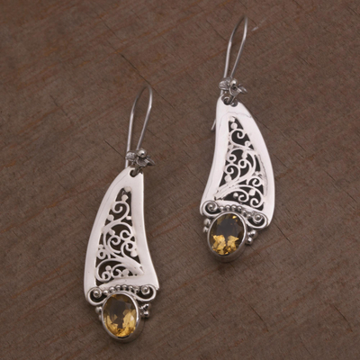 Citrine dangle earrings, 'Beautiful Vines' - Citrine and 925 Silver Vine Motif Dangle Earrings from Bali