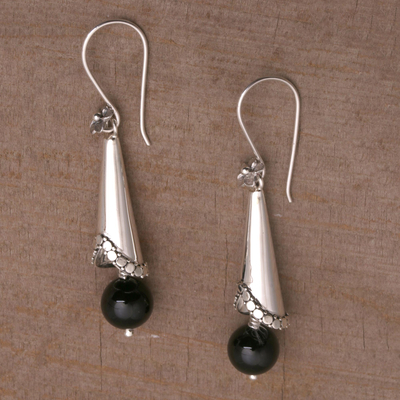 Onyx dangle earrings, 'Floral Cones' - Onyx and Sterling Silver Floral Dangle Earrings from Bali