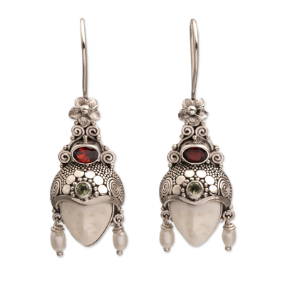 Multi-gemstone dangle earrings, 'Jepun Prince' - Multi-Gemstone Face-Shaped Dangle Earrings from Bali
