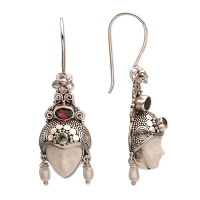 Multi-gemstone dangle earrings, 'Jepun Prince' - Multi-Gemstone Face-Shaped Dangle Earrings from Bali