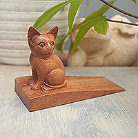 Wood doorstop, 'Helpful Kitten in Brown' - Handcrafted Suar Wood Cat Doorstop in Brown from Bali