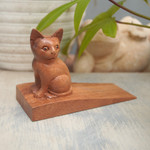 Wood doorstop, 'Helpful Kitten in Brown' - Handcrafted Suar Wood Cat Doorstop in Brown from Bali