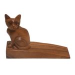 Wood doorstop, 'Helpful Kitten in Brown' - Handcrafted Suar Wood Cat Doorstop in Brown from Bali
