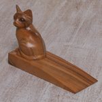 Wood doorstop, 'Helpful Kitten in Brown' - Handcrafted Suar Wood Cat Doorstop in Brown from Bali