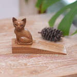 Wood doorstop, 'Helpful Kitten in Brown' - Handcrafted Suar Wood Cat Doorstop in Brown from Bali