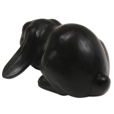 Wood sculpture, 'Begging Rabbit in Black' - Handcrafted Suar Wood Rabbit Sculpture in Black from Bali