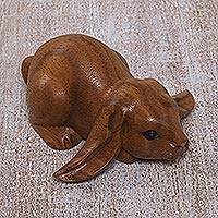 Wood sculpture, Begging Rabbit in Brown