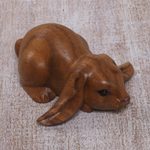 Wood sculpture, 'Begging Rabbit in Brown' - Handcrafted Suar Wood Rabbit Sculpture in Brown from Bali