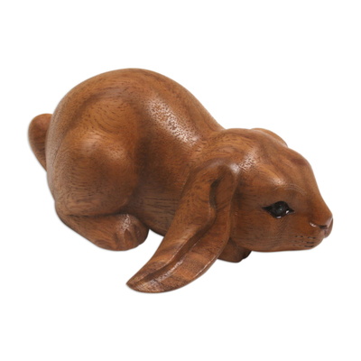 Wood sculpture, 'Begging Rabbit in Brown' - Handcrafted Suar Wood Rabbit Sculpture in Brown from Bali