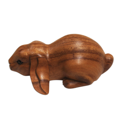 Wood sculpture, 'Begging Rabbit in Brown' - Handcrafted Suar Wood Rabbit Sculpture in Brown from Bali