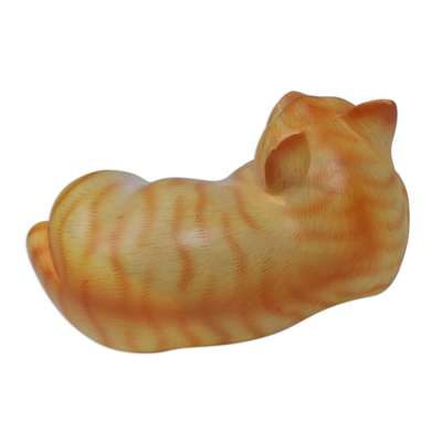 Wood sculpture, 'Orange Cat Relaxes' - Painted Wood Hanging Sculpture of an Orange Cat from Bali