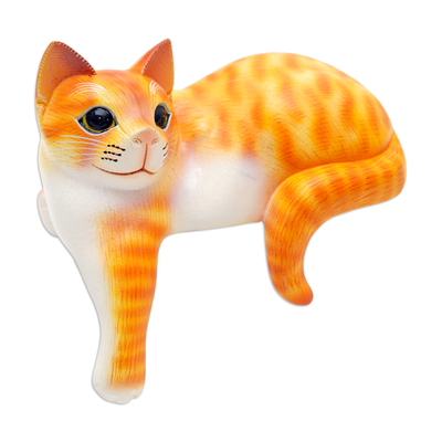 Wood sculpture, 'Watchful Orange Cat' - Painted Suar Wood Sculpture of an Orange Cat from Bali