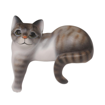 Painted Suar Wood Sculpture of a Grey Cat from Bali