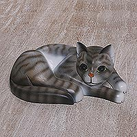 Wood sculpture, 'Adorable Grey Cat'