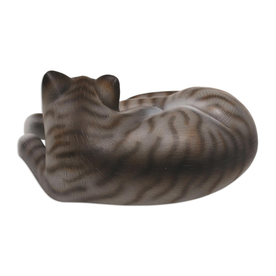 Wood sculpture, 'Adorable Grey Cat' - Painted Suar Wood Sculpture of a Lounging Cat from Bali