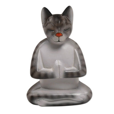 Wood sculpture, 'Grey Cat in Deep Meditation' - Painted Suar Wood Sculpture of a Meditating Cat from Bali