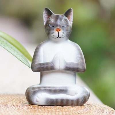 Wood sculpture, 'Grey Cat in Deep Meditation' - Painted Suar Wood Sculpture of a Meditating Cat from Bali