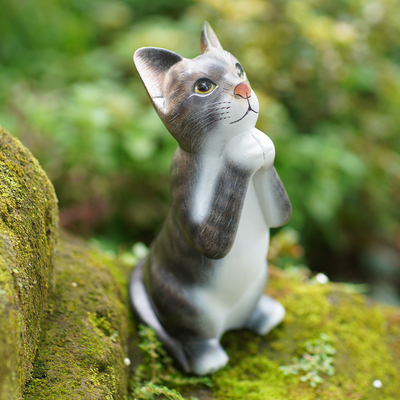 Wood sculpture, 'Grey Wishing Cat' - Painted Suar Wood Sculpture of a Wishful Grey Cat from Bali