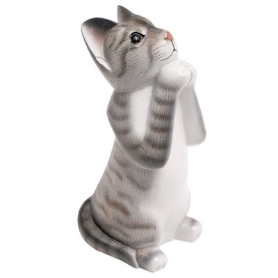 Wood sculpture, 'Grey Wishing Cat' - Painted Suar Wood Sculpture of a Wishful Grey Cat from Bali