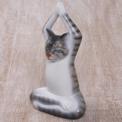 Wood sculpture, 'Toward the Sky Grey Yoga Cat' - Painted Suar Wood Sculpture of a Yoga Cat in Grey from Bali