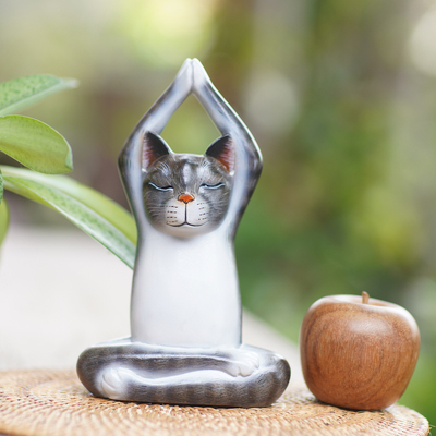 Wood sculpture, 'Toward the Sky Grey Yoga Cat' - Painted Suar Wood Sculpture of a Yoga Cat in Grey from Bali
