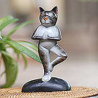 Wood sculpture, 'Grey Cat Yoga Tree Pose' - Painted Suar Wood Sculpture of a Grey Yoga Cat from Bali