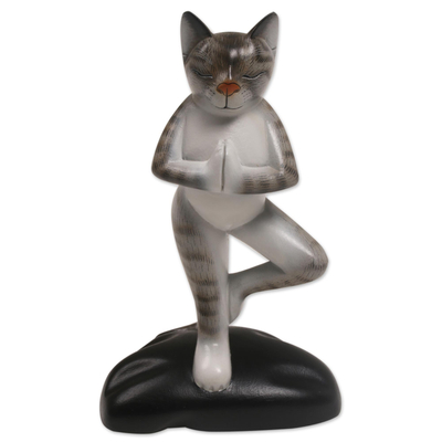 Painted Suar Wood Sculpture of a Grey Yoga Cat from Bali