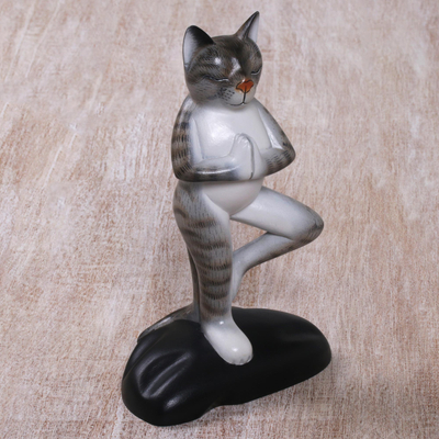 Wood sculpture, 'Grey Cat Yoga Tree Pose' - Painted Suar Wood Sculpture of a Grey Yoga Cat from Bali
