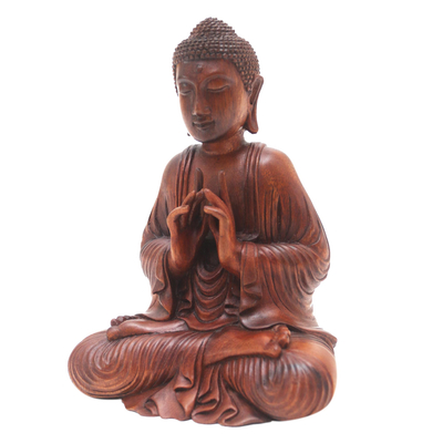 Wood sculpture, 'Buddha with Vitarka Mudra' - Handcrafted Suar Wood Buddha Sculpture from Bali