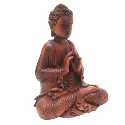 Wood sculpture, 'Buddha with Vitarka Mudra' - Handcrafted Suar Wood Buddha Sculpture from Bali