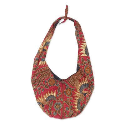 Batik cotton shoulder bag, 'Lokchan Legacy' - Bird-Motif Batik Cotton Shoulder Bag in Claret from Bali
