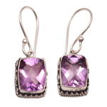 Amethyst dangle earrings, 'Temple Gleam' - Amethyst and Sterling Silver Dangle Earrings from Bali