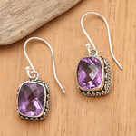 Amethyst dangle earrings, 'Temple Gleam' - Amethyst and Sterling Silver Dangle Earrings from Bali