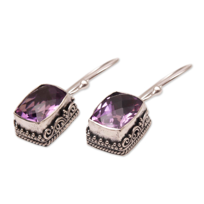 Amethyst dangle earrings, 'Temple Gleam' - Amethyst and Sterling Silver Dangle Earrings from Bali