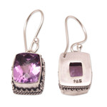 Amethyst dangle earrings, 'Temple Gleam' - Amethyst and Sterling Silver Dangle Earrings from Bali
