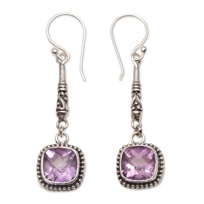 Amethyst dangle earrings, 'Majestic Gleam' - Faceted Amethyst and 925 Silver Dangle Earrings from Bali