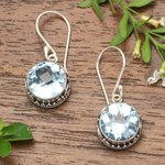 Blue topaz dangle earrings, 'Iridescent Circles' - Round Blue Topaz and Silver Dangle Earrings from Bali