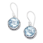 Blue topaz dangle earrings, 'Iridescent Circles' - Round Blue Topaz and Silver Dangle Earrings from Bali