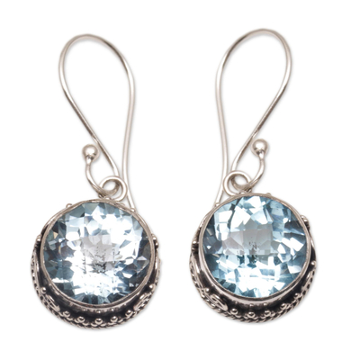 Blue topaz dangle earrings, 'Iridescent Circles' - Round Blue Topaz and Silver Dangle Earrings from Bali