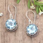 Blue topaz dangle earrings, 'Iridescent Circles' - Round Blue Topaz and Silver Dangle Earrings from Bali